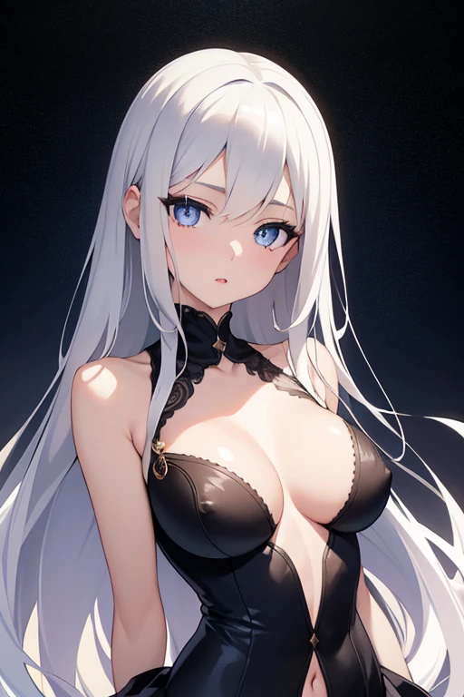 1girl, anime, cute girl, blank background, white background, fantasy, detailed dark fantasy dress with highlights, beautiful face, beautiful eyes, dark colors, silver hair, slightly small breasts, slight cleavage, beautiful skin, cute, breast curtains, extremely delicate and beautiful, (beautiful detailed face:1.0), (detailed deep eyes), symmetrical breasts, deep eyes, shiny skin, portrait, slender waist, hips wider than shoulders, thighs, young girl, expressionless, luminous eyes