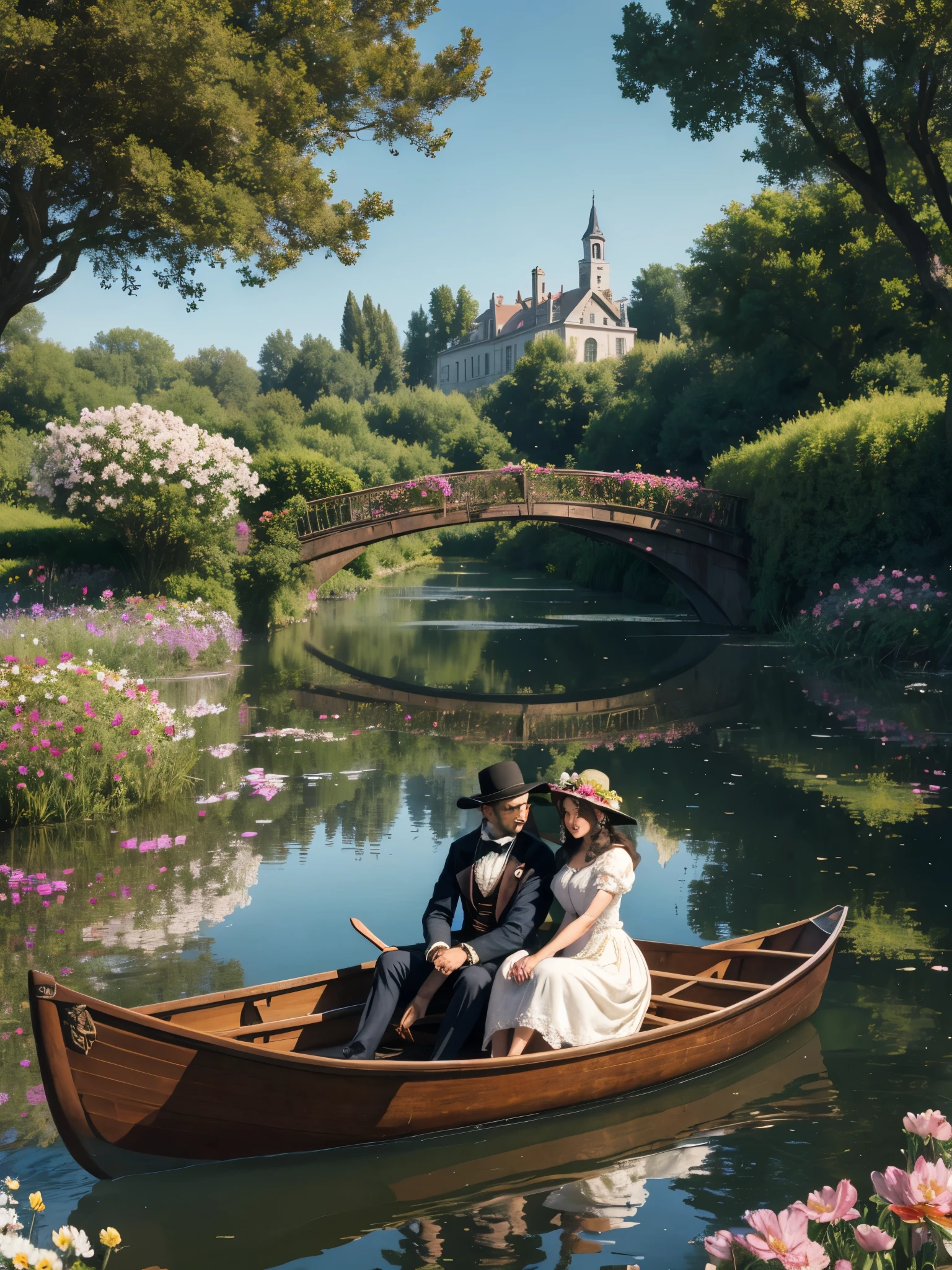 A couple in a canoe on the lake in a romantic scene with a bridge far away in the background, with flower gardens around with many flowers and flowering trees like in Monet's Garden. high resolution, hyper detalhado, realista, rostos perfeitos, europeus. The woman is sitting in a long dress. The man is standing guiding the boat. The clothes are in a late 19th century European style. super intrincado. 4k.