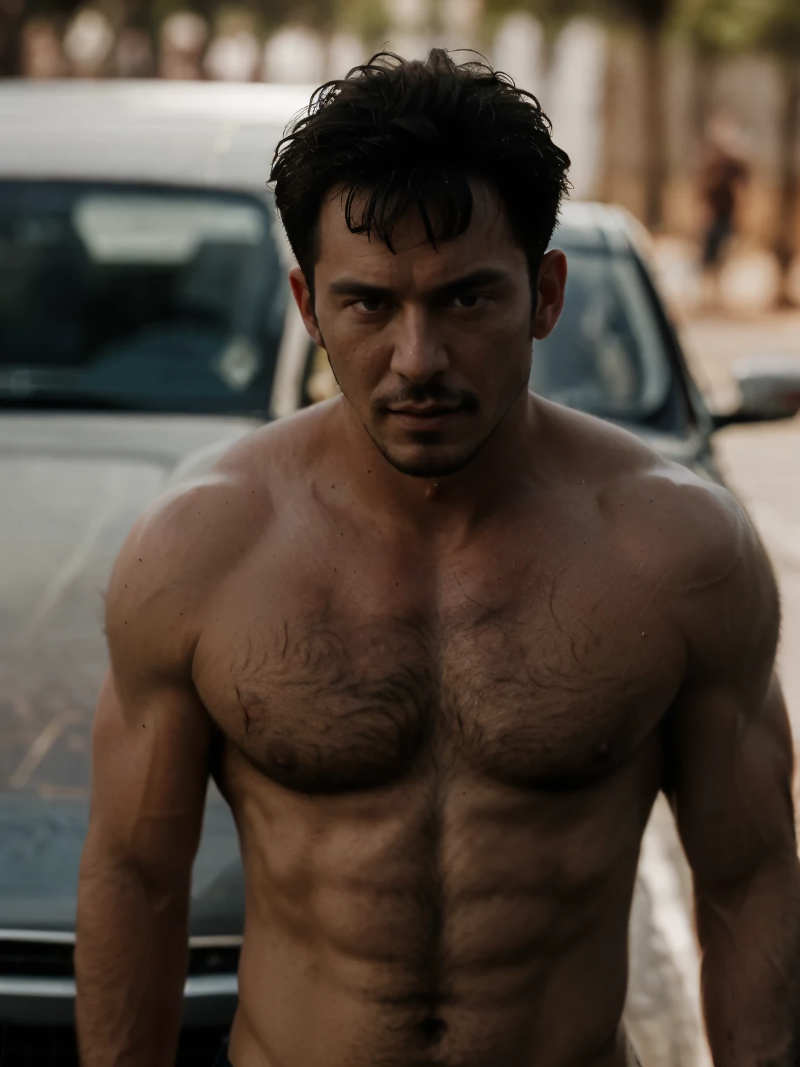masterpiece, best quality, high resolution, closeup portrait, male focus, solo focus, A man, action movie gay villain, bare chest, body hair, facial hair, goatee, messy short hair, very hairy body , skinny , in the background an action car orgy scene, amazing composition, front view, HDR, ultra quality, elegant,