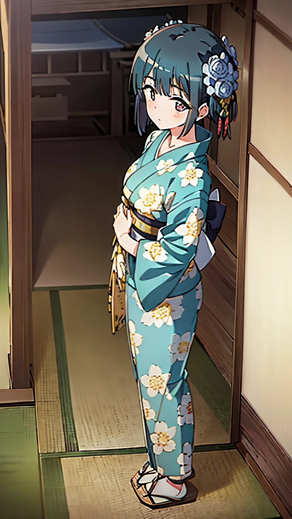 1girl, solo, from above, (white lily flowers), aesthetic, intricate, best quality, detailed background, Sayaka Miki, ((girl wearing a patterned teal kimono:1.2)), (walking in zen garden),  casual pose, detailed textures, posing, floral print, hair flower, hair ornament, japanese clothes, kimono, obi, outdoors, pagoda, petals, (teal kimono), sash, shrine, sky, stone stairs, torii, wide sleeves, yukata 