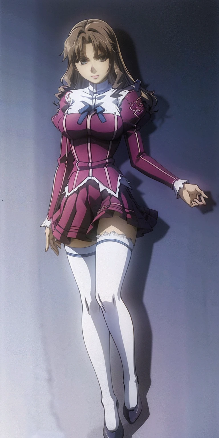 Masterpiece, high quality, 1girl, solo, brown hair, curly hair, hazel eyes, medium sized bust, (blue school uniform, sexy school uniform, blue blazer, lace section, ribbon, blue short skirt, white thigh-high socks, black high heels), smile, flat_color, full body, seductive pose