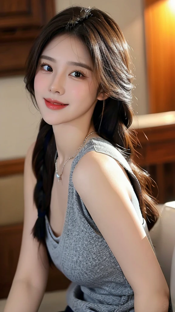 girl,individual,braid,long hair,necklace,jewelry,looking at the audience,brown hair,brown eyes,Reality,Smile,breast,black hair,Upper body,black eyes,lips,Vest