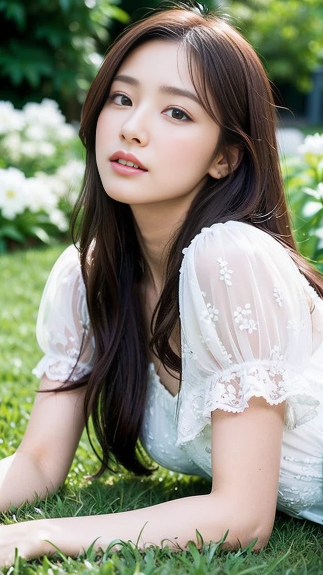 dark brown hair、light brown eyes、Japanese actress face、 lady、I'Iは彼とIが好きです'I'Iは40歳くらいです.、(intricate details:1.2)、(which one is the top?:1.4)、 (ultra high resolution:1.2)、ultra high resolution、(finely tuned)、(detailed facial features)、nffsw、8K resolution、D cup size breasts、long hair、The flower garden continues、Sitting on the floor of the flower garden and looking at me、beautiful legs、lying down、lying down、Blooming profusely with white flowers、The ground covered with white flowers、Fluffy dress、