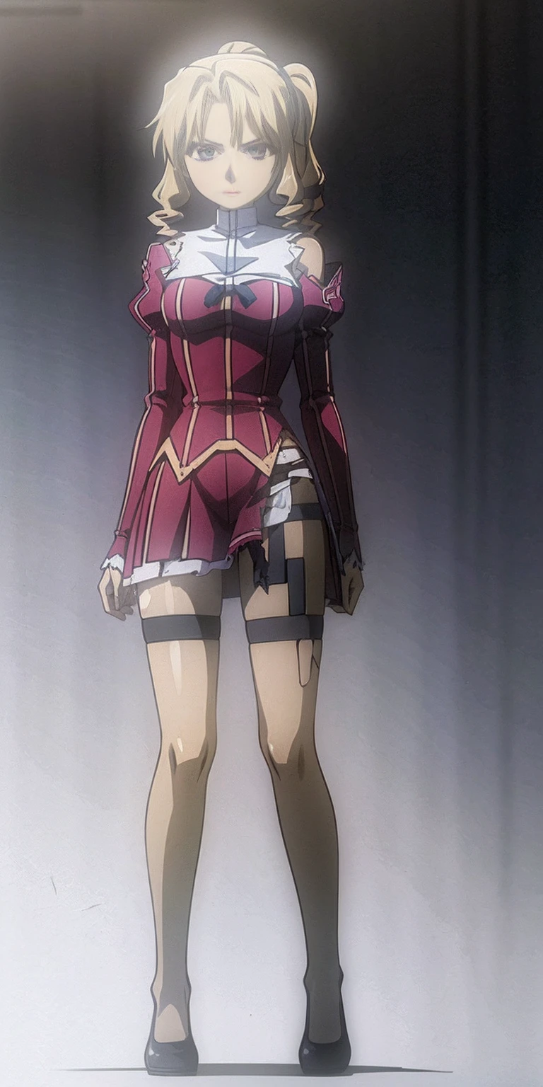((masterpiece、top-quality)), 1girl in, ((full body、Standing picture)), cute young woman, Black garter belt、(white backgrounid) numbered collar, wearing only in a thin/torn/tarnished burlap, Sad, standing pose, chibi, shortstack, small height, dwarf, wide hips, round face, White hair with thick Ponytail hairstyle