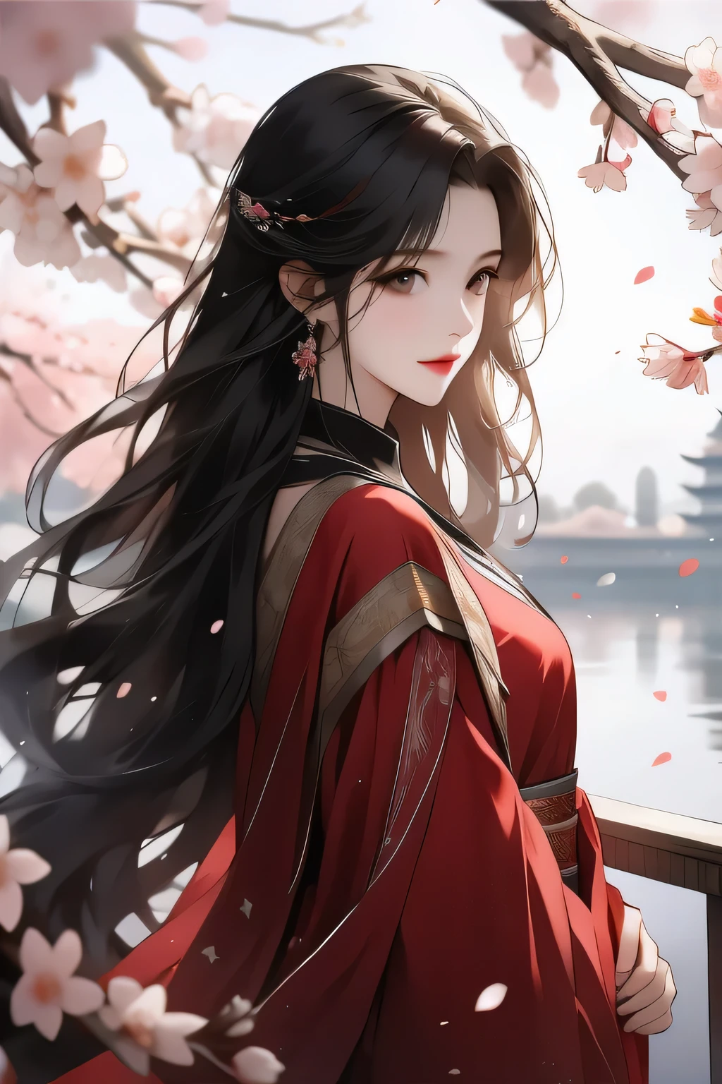 cherry_blossoms, falling_petals,black long hair, red clothes balck eges, solo,1girl,upper body, princess looking at view