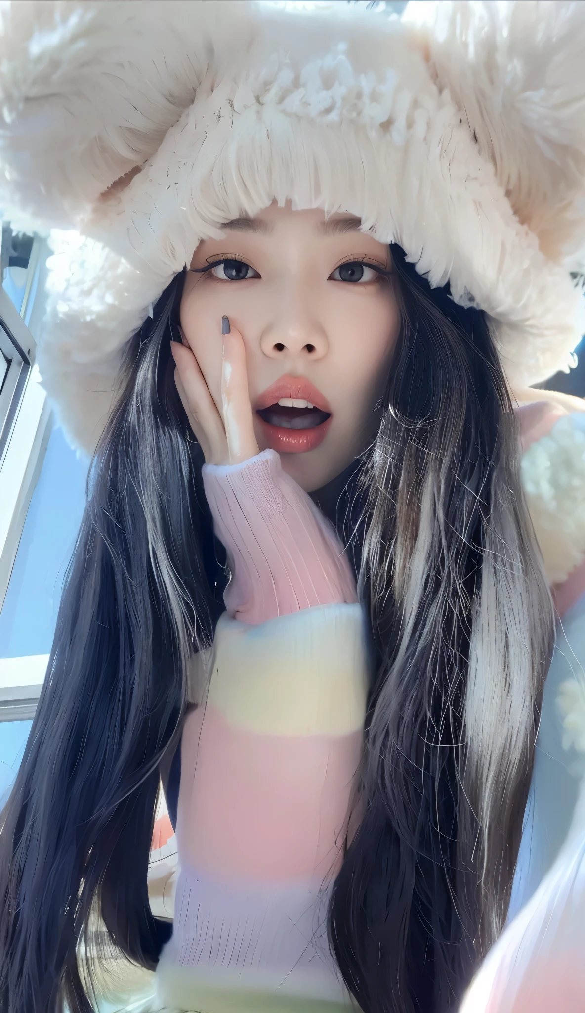 Chica araffe con pelo largo y negro con un sombrero peludo., ulzzang, Lalisa Manobal, jennie rosa negro, jaeyeon nam, parque roseanne de blackpink, pale korean adorable face, Lalisa Manoban de Blackpink, bella delfina, Jinyoung Shin, very long snow colored hair, gongbi, muchacha coreana, kim doyoung