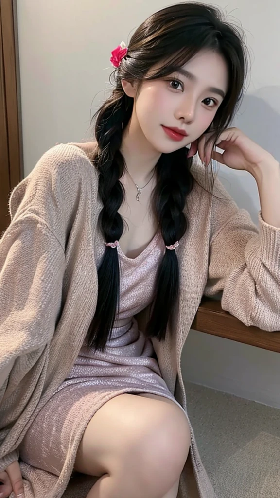 girl,single,sitting,black hair,dress,long hair,蓝色dress,braid,hair accessories,flowers,long sleeves,looking at the audience