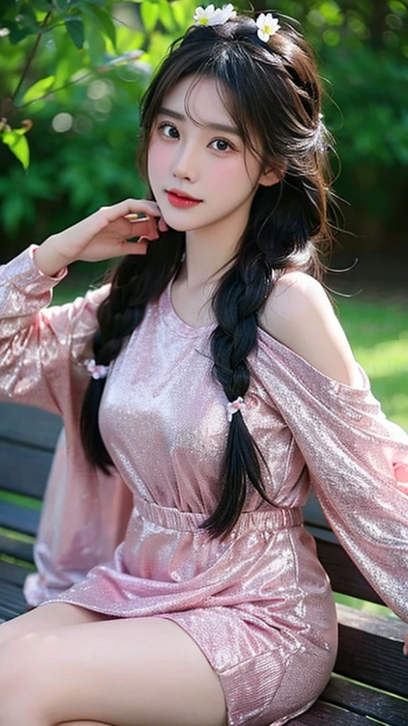 girl，single，sitting，black hair，dress，long hair，蓝色dress，braid，hair accessories，flowers，long sleeves，looking at the audience