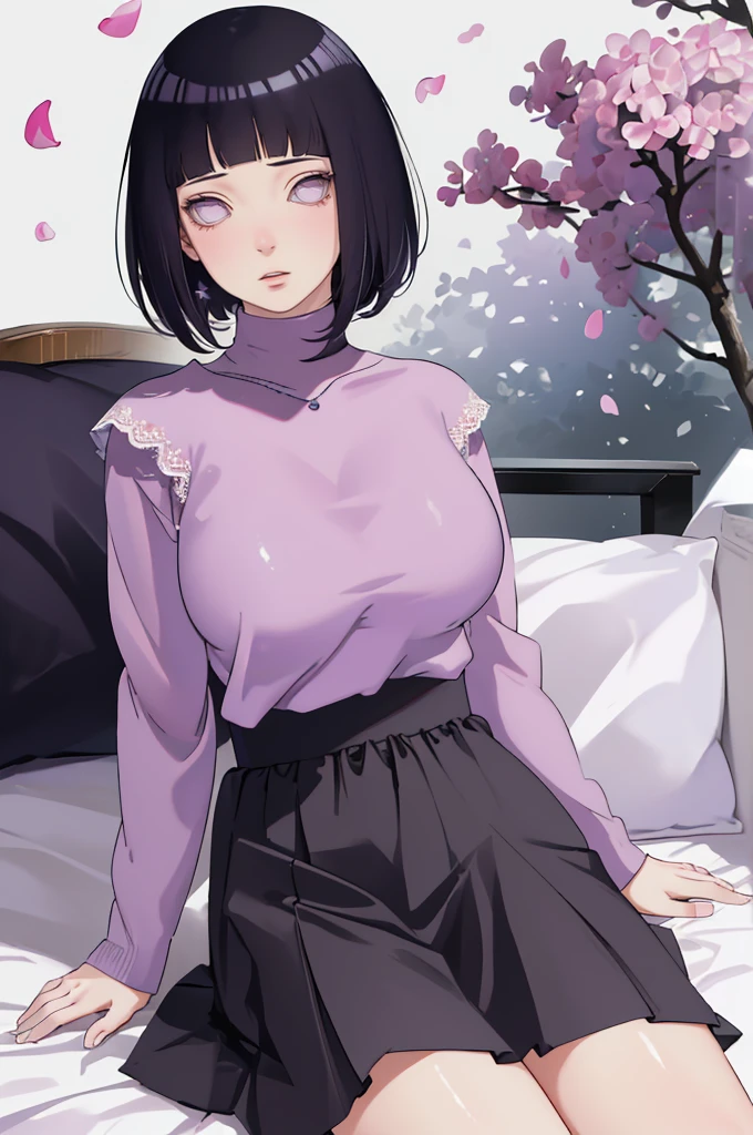 { - anatomy error} (Masterpiece - Ultra-detailed, very high resolution) (huge titusty, masterpiece, absurdres, hinata\(boruto\), 1girl, solo,mature female, lilac turtleneck blouse, high waist black short skirt, looking at viewelling petals), perfect composition, detailed lips, big breast, beautiful face, body propotion, blush, (pink lips), short hair, (black hair), purple eyes, soft gaze, super realistic, detailed, photoshoot, realistic face and body, closed mouth, laying on the bed , lilac eyes, full body, lace clothes, with chin resting on shoulder, perfect fingers