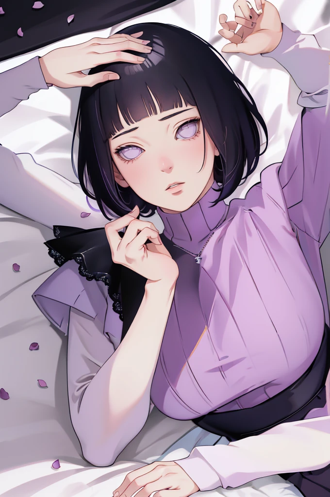 { - anatomy error} (Masterpiece - Ultra-detailed, very high resolution) (huge titusty, masterpiece, absurdres, hinata\(boruto\), 1girl, solo,mature female, lilac turtleneck blouse, high waist black short skirt, looking at viewelling petals), perfect composition, detailed lips, big breast, beautiful face, body propotion, blush, (pink lips), short hair, (black hair), purple eyes, soft gaze, super realistic, detailed, photoshoot, realistic face and body, closed mouth, laying on the bed , lilac eyes, full body, lace clothes, with chin resting on shoulder, perfect fingers