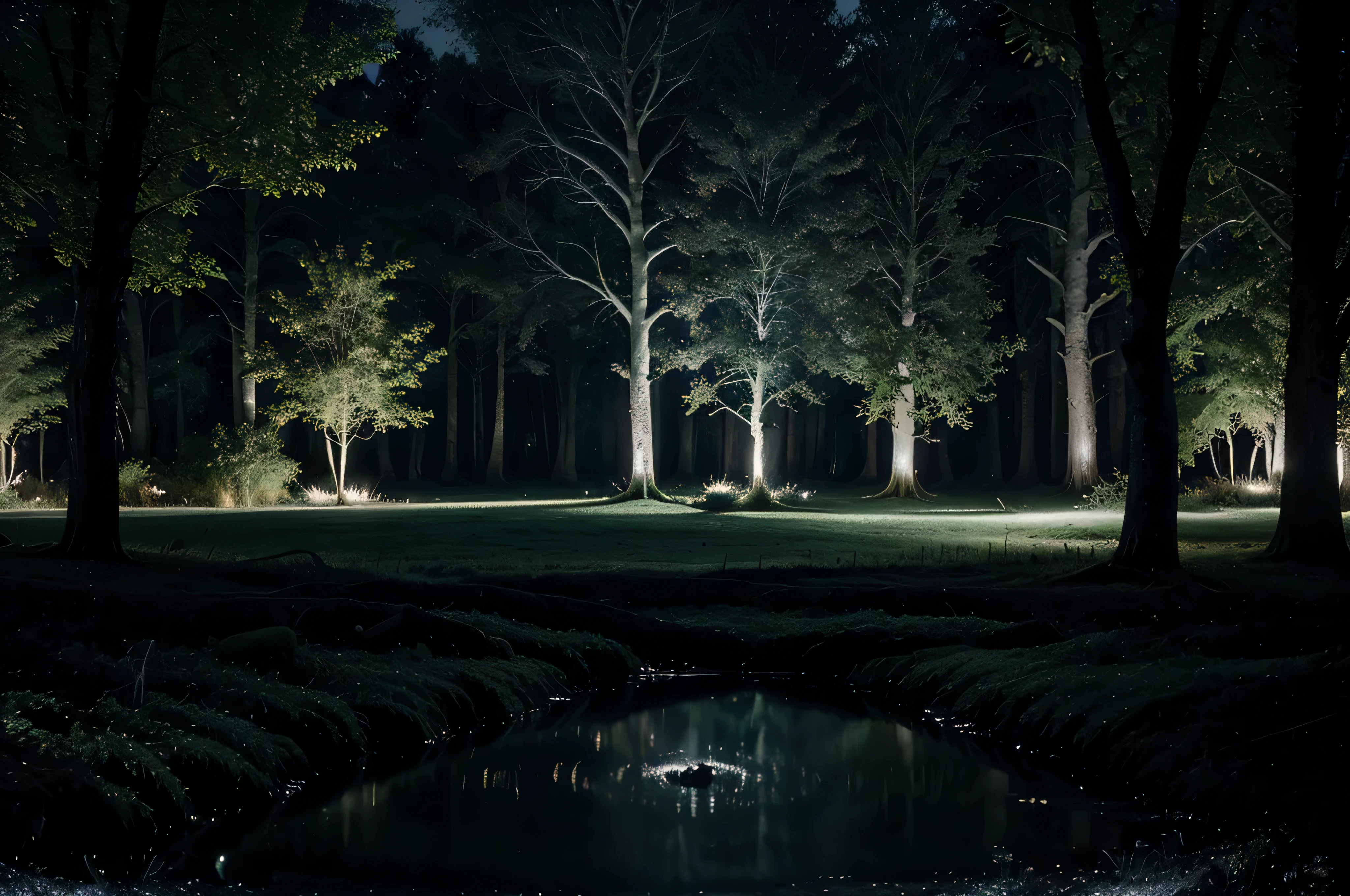 heart of a mystical night forest, where ancient trees whisper secrets and shadows play beneath the moon's silver glow, the melodies of unseen creatures guide to the enchanting Moonwater Lake in the night
