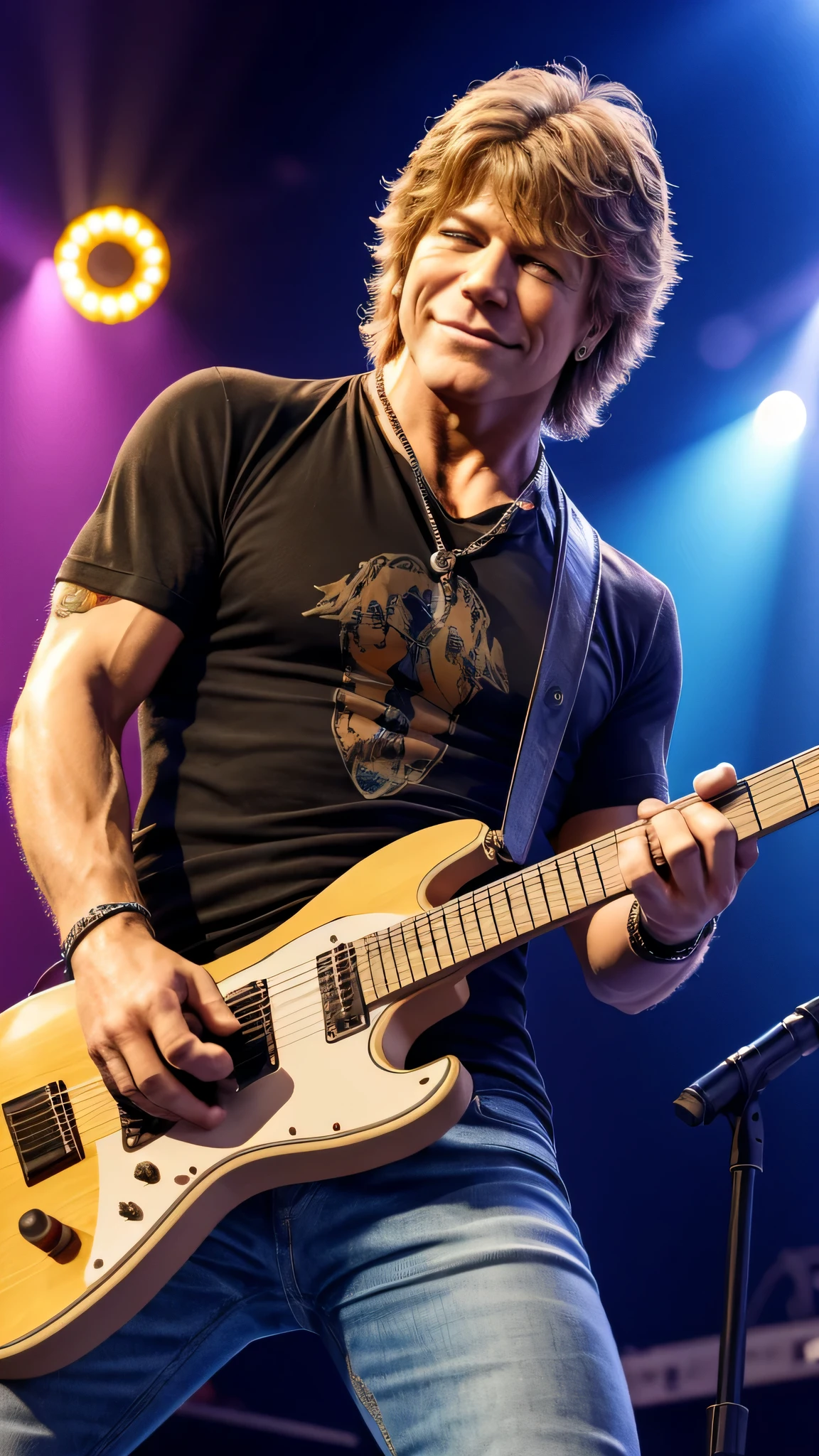 gerar famoso pop star bon jovi, , tocando eletric guitar, 8k, uhd, on stage, fisionomia identica, 30 anos de idade, corrigir right hand deformation, e tocar uma guitarra apenas