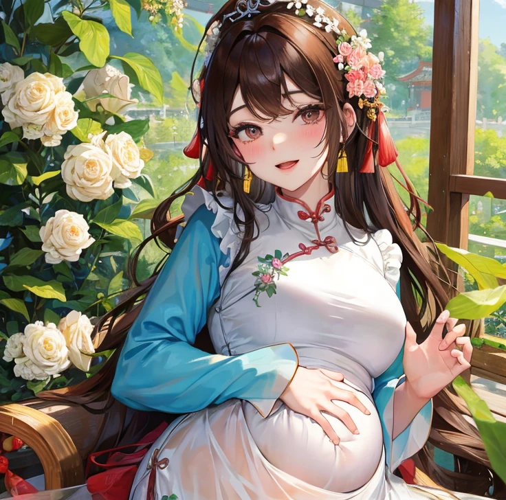 绝代夜满月1女China风antiquity姐妹御姐微笑棕发Princess剪麻花辫双丸浅粉红唇, calm, Intellectuals, Zhongfa, Green Student, hairpin, Peach Blossom, Red clothes，masterpiece, best quality, Married woman， aldult, Chinese, China, elder sister,   hairpin，Brown hair, Princess，Full of maternal love，purely，blush，Passionate，Mother，Mature，Beautifully，wife，Pantyhose，Shy，happy，Loveable，发hairpin，Double tail，antiquity，Pregnant