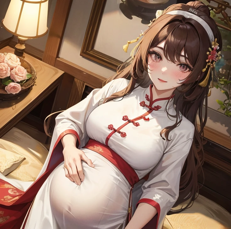 masterpiece, best quality, married woman, aldult, Chinese style, China, elder sister, Smile, hairpin,brown hair, Princess,Full of motherhood,China传统服饰,purely,blush,Dignified yet lively,Mother,Put your hands on your belly,Mature,pregnant,beautifully,怀pregnant,wife