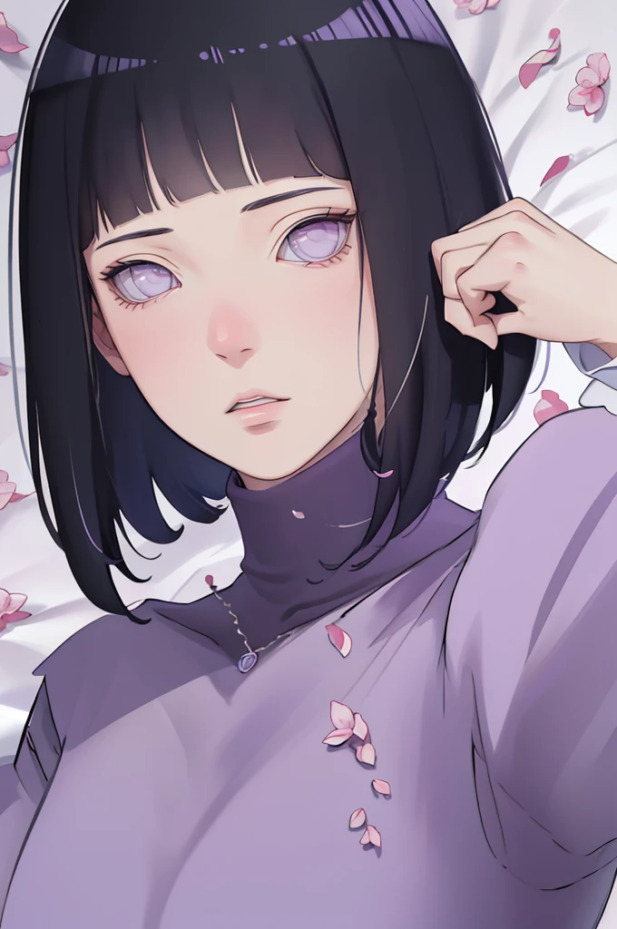 { - anatomy error} (Masterpiece - Ultra-detailed, very high resolution) (huge titusty, masterpiece, absurdres, hinata\(boruto\), 1girl, solo,mature female, lilac turtleneck blouse, black short medium, looking at viewelling petals), perfect composition, detailed lips, big breast, beautiful face, body propotion, blush, (pink lips), short hair, (black hair), purple eyes, soft gaze, super realistic, detailed, photoshoot, realistic face and body, closed mouth, laying on the bed , lilac eyes, full body, with chin resting on shoulder, perfect fingers