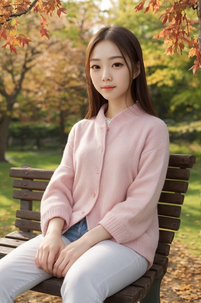 A girl sits quietly on a park bench, Soak up the tranquil atmosphere, was captured in this ultra-detailed, oil painting like image. her beauty, Deep and delicate eyes, full of long, sweet eyelashes, Gaze gently into the distance, Reflects a calm and contented expression. she'full, Perfectly shaped lips, Also very detailed, bend down gently,show a small smile. Complex textures, Her long curly hair is spread over her shoulders,hang on back, Blending seamlessly with surrounding autumn foliage and pastel colors, HDR lighting. The scene is filled with light, The chirping of nearby birds is soothing