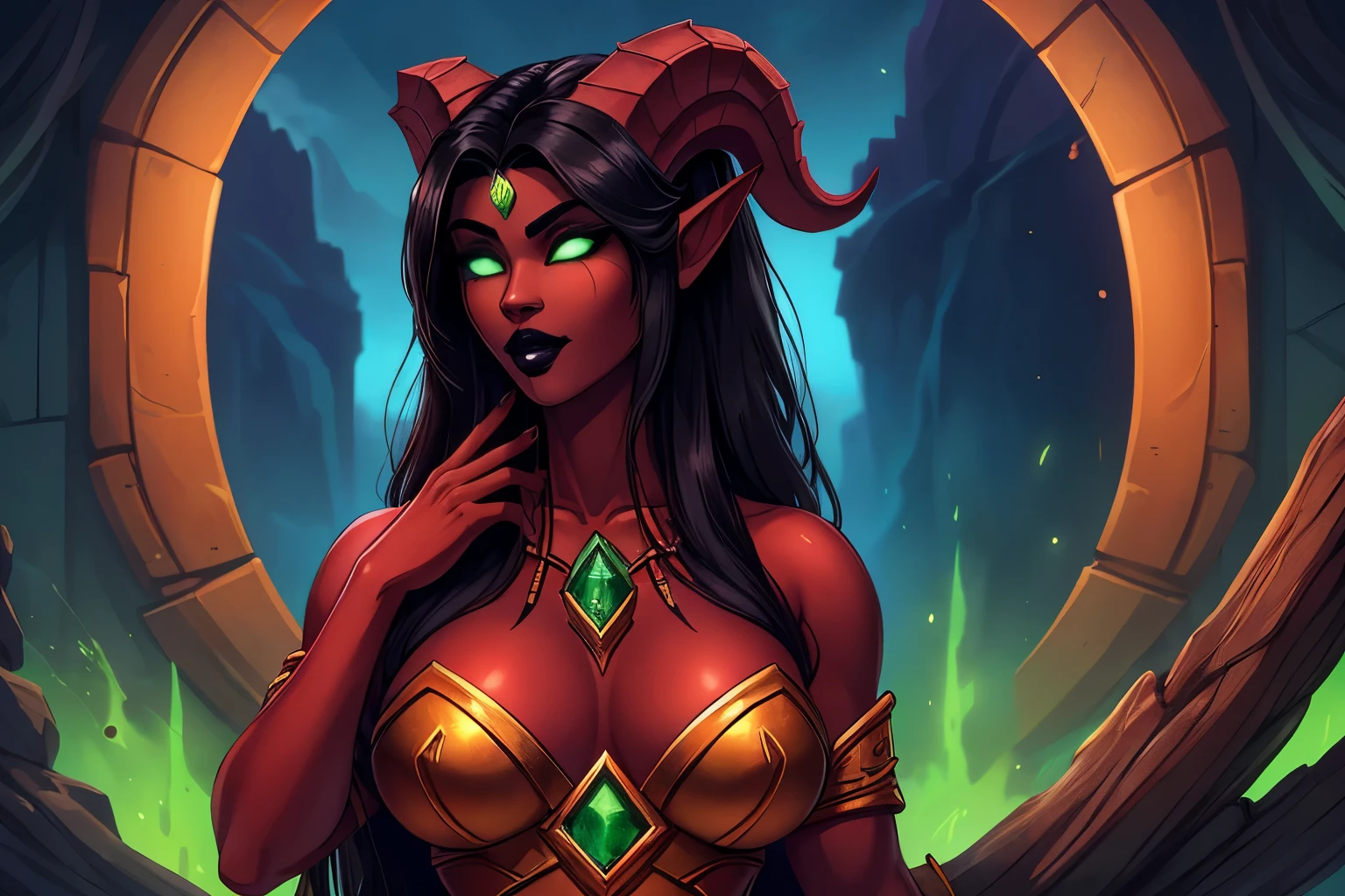 ((ultra quality)), ((masterpiece)), young Eredar girl, World of Warcraft, ((beautiful black long hair)), (Beautiful face), (beautiful female lips), (draenei long ears), charming, (black lips), looks at the camera, eyes slightly open, (skin color dark red), (red skin), glare on the body, ((detailed beautiful female eyes)), (green big eyes glow), (juicy female lips), (dark eyeliner), (beautiful female hands), ((ideal female figure)), ideal female body, (there is a draenei tail), beautiful waist, gorgeous thighs, beautiful medium breasts, ((subtle and beautiful)), sexy lies (close up of face), (fantasy clothing eredar demons,) background: demonic world, green lava, ((depth of field)), ((high quality clear image)), (clear details), ((high detail)), realistically, professional photo session, ((Clear Focus)), anime