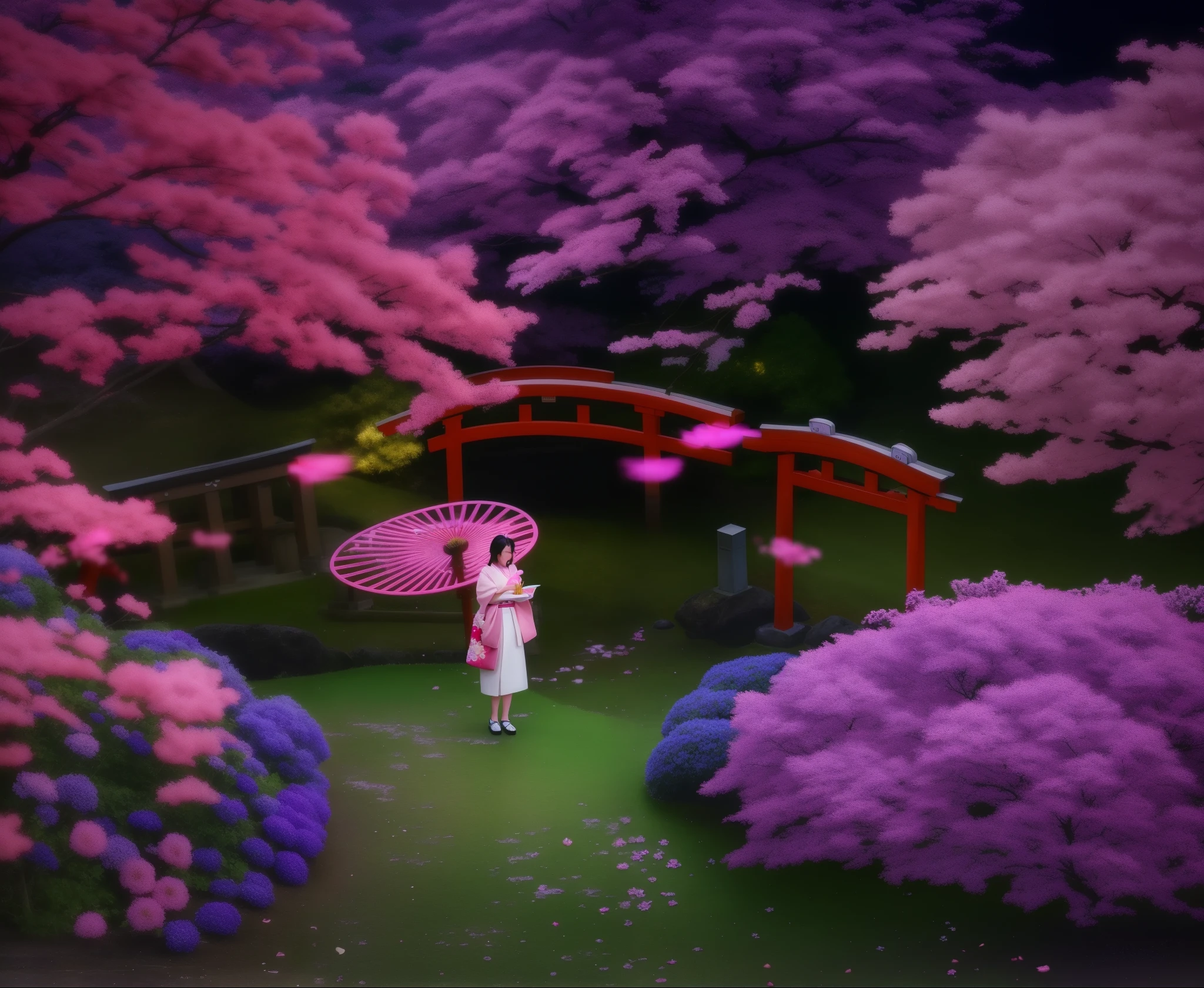 A woman stands in the middle of a garden with pink flowers, inspired by Matsuno Chikanobu, inspired by Torii Kiyomitsu, inspired by Torii Kiyomoto, The blossoming path to heaven, surreal waiizi flowers, inspired by Matsumura Goshun, magical colors and atmosphere