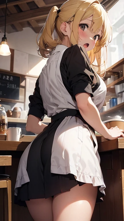 mastute piece,Best Quality,insanely detailed,8k cg,nsfw,
perspective from behind,
2girl,line up butts in a row,surrounded by wall,top-down,bent over,raise up buttocks,(waitress,apron,no skirt,no panties,bare butts),look back,blush,shy,ecstasy face,gasping,trembling,light yellow hair,open mouth,
coffee shop,