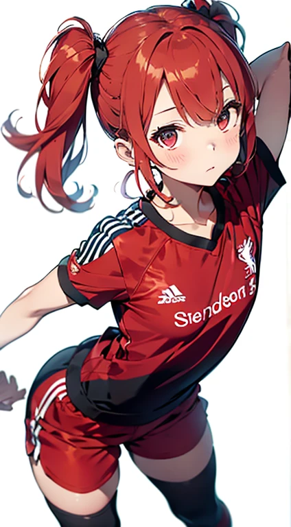Liverpool Soccer Jerseys(sincerity),Immaculate world、pure white background、one girl,Full body standing、in an upright position, Very short pants,red pants, long socks,Soccer Jerseys、Red Jersey、pink hair、twin tails、liverpool jersey,thin and soft body, Very short pants,Insert the top of the head、clothes don'Don't make a mess,red Very short pants,from head to toe,He stood defiantly with his arms crossed.,red shorts,