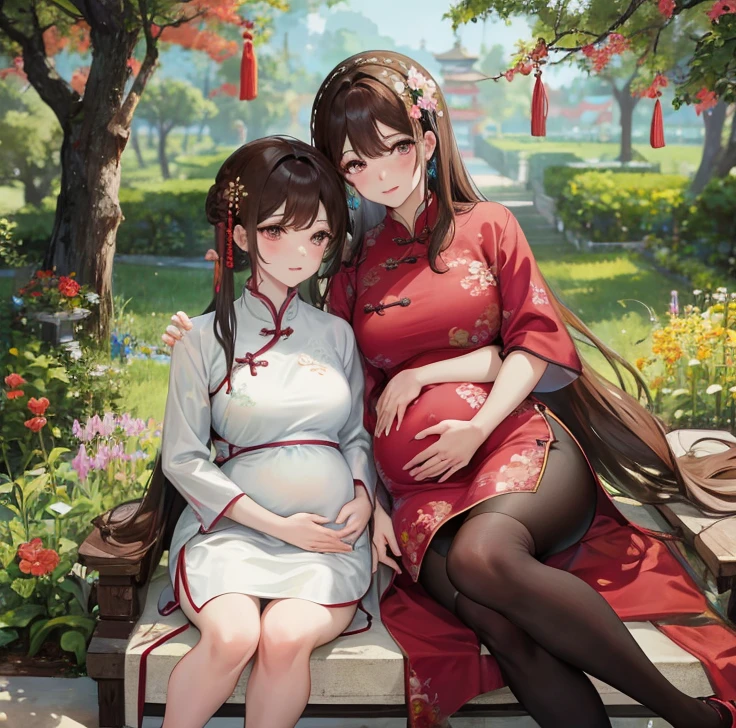 masterpiece, best quality, married woman， aldult, Chinese style, China, elder sister,  Smile, hairpin，brown hair, Princess，Full of motherhood，China传统服饰，purely，blush，Dignified yet lively，Mother，put your hands on your belly，Mature，pregnant，beautifully，怀pregnant，wife