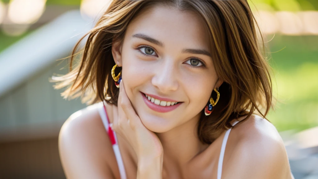 highest quality,8K, Detailed facial depiction, Detailed description of the eyes, brown hair(bob hair),beauty Ukrainian girl, , take off underwear, Bear Breast, because I'thin, big breast size, sit with legs apart, smile, Colorful earrings,