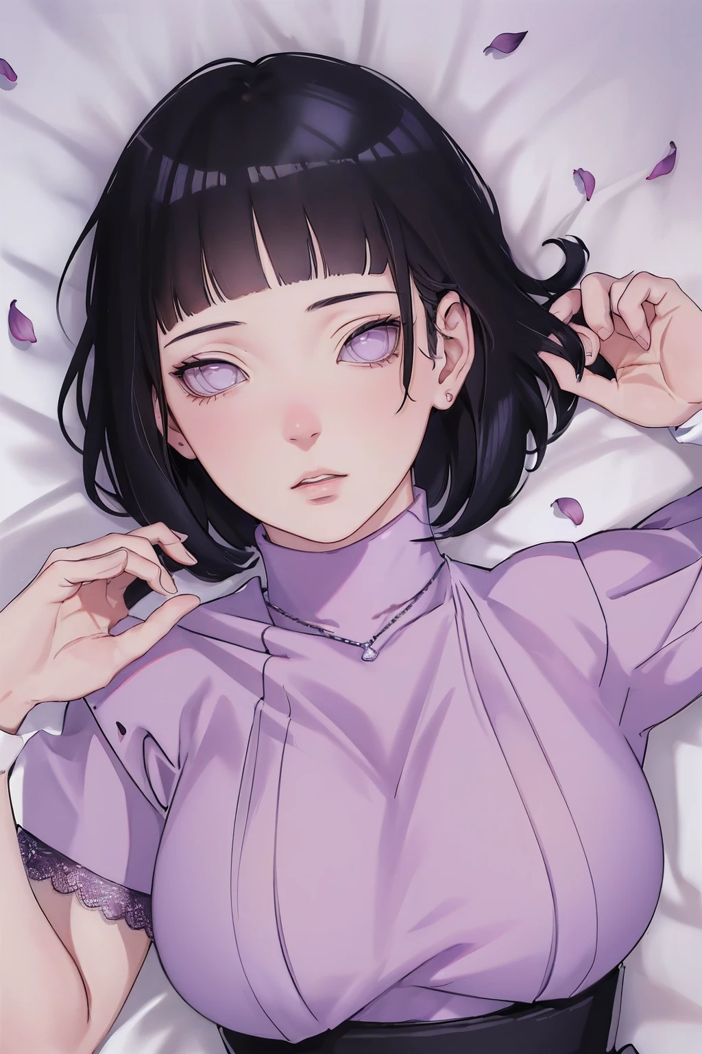 { - anatomy error} (Masterpiece - Ultra-detailed, very high resolution) (huge titusty, masterpiece, absurdres, hinata\(boruto\), 1girl, solo,mature female, lilac turtleneck blouse, high waist black short skirt, looking at viewelling petals), perfect composition, detailed lips, big breast, beautiful face, body propotion, blush, (pink lips), short hair, (black hair), purple eyes, soft gaze, super realistic, detailed, photoshoot, realistic face and body, closed mouth, laying on the bed , lilac eyes, full body, lace clothes, with chin resting on shoulder, perfect fingers