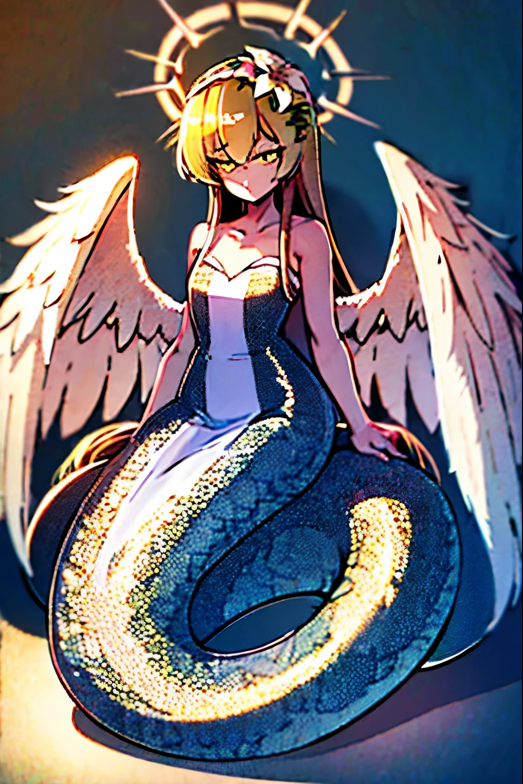 1girl, lamia, scales, [white shirt:0.8], [top-down bottom-up:0.5], full body, yellow lamia, yellow scales,Angel wings, Angel Halo, flower headdress,  attractive, figure, ultra-detailed, best quality, extreme detailed,  Original Character, Volumetric Lighting, Best Shadows, Shallow Depth of Field, Stunningly Beautiful Girl, Petite, Delicate Beautiful Attractive Face, hdr, [embarrassed:0.75], [dungeon:0.33], [sand:0.8]