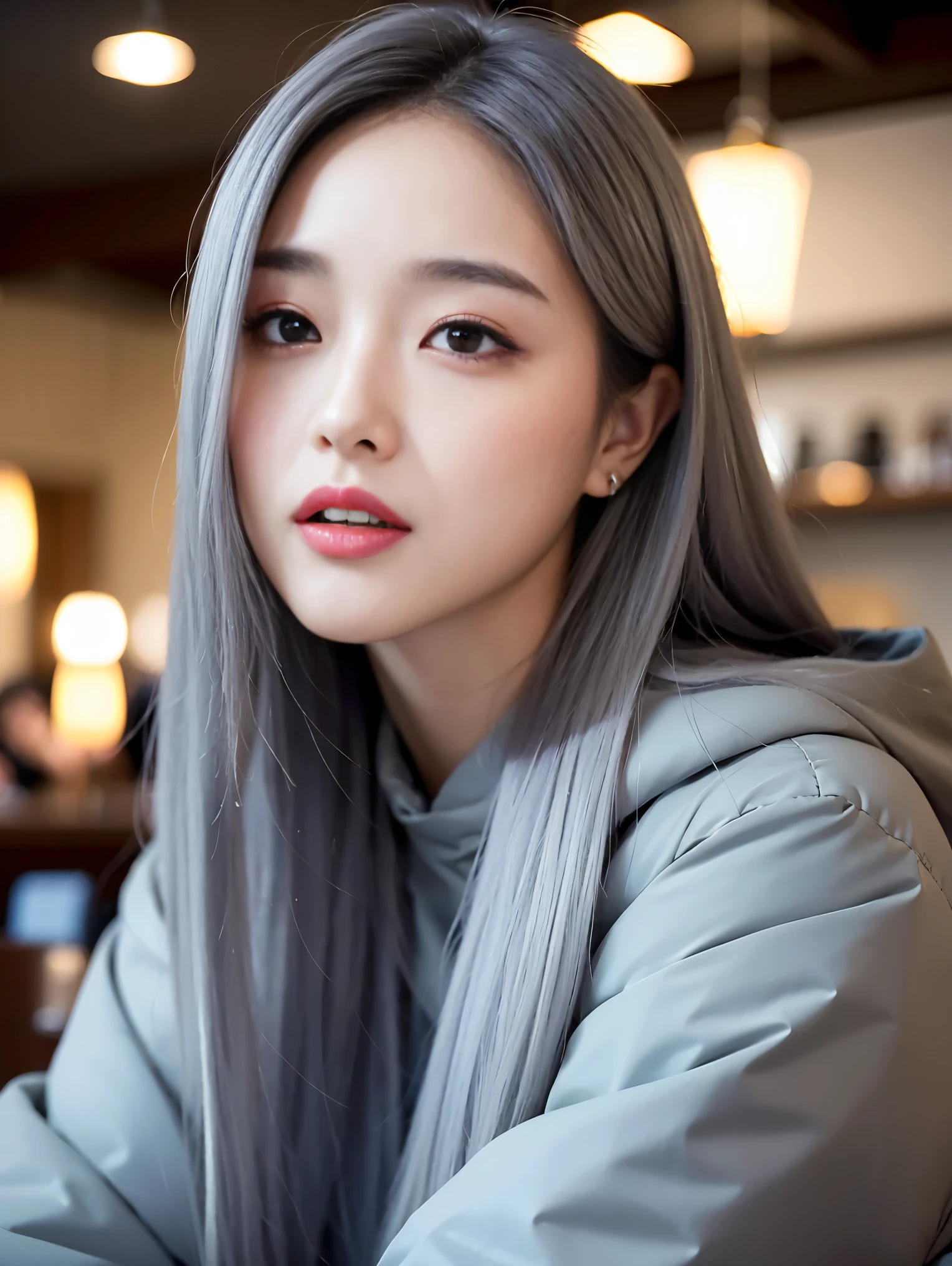realistic, High resolution, 1 female, glowing skin, alone, wide lips,long hair,straight hair,saggy breasts,small face,Gray color hair,Color Contacts,Down jacket,Cafe,,Distant angle,,K-pop Idol