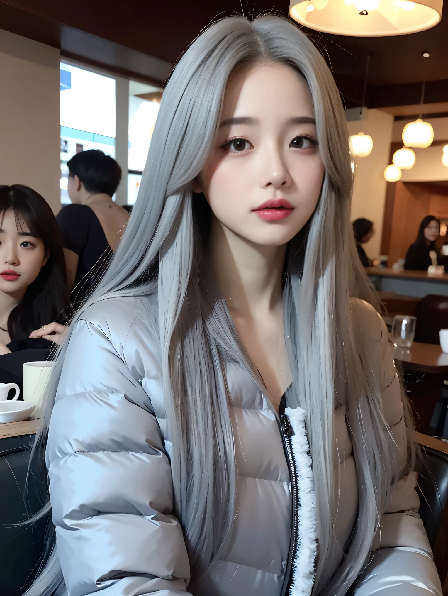 realistic, High resolution, 1 female, glowing skin, alone, wide lips,long hair,straight hair,saggy breasts,small face,Gray color hair,Color Contacts,Down jacket,Cafe,,Distant angle,,K-pop Idol
