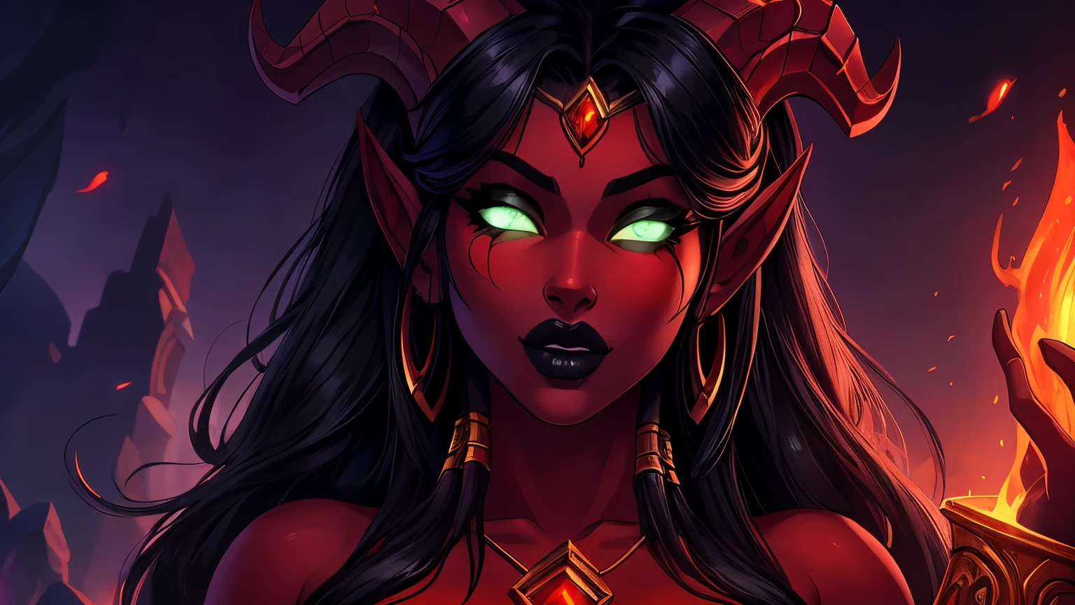 ((ultra quality)), ((masterpiece)), young Eredar girl, World of Warcraft, ((beautiful black long hair)), (Beautiful face), (beautiful female lips), (draenei long ears), charming, (black lips), looks at the camera, eyes slightly open, (skin color dark red), (red skin), glare on the body, ((detailed beautiful female eyes)), (green big eyes glow), (juicy female lips), (dark eyeliner), (beautiful female hands), ((ideal female figure)), ideal female body, (there is a draenei tail), beautiful waist, gorgeous thighs, beautiful medium breasts, ((subtle and beautiful)), sexy lies (), (fantasy clothing eredar demons,) background: demonic world, green lava, ((depth of field)), ((high quality clear image)), (clear details), ((high detail)), realistically, professional photo session, ((Clear Focus)), anime