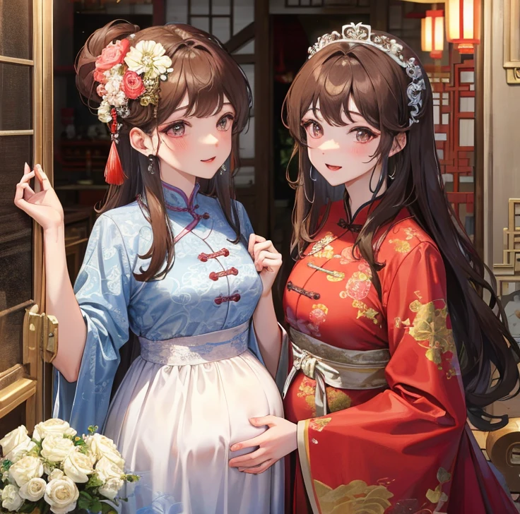 masterpiece, best quality, married woman， aldult, Chinese style, China, elder sister,  Smile, hairpin，brown hair, Princess，Full of motherhood，China传统服饰，purely，blush，Dignified yet lively，Mother，put your hands on your belly，Mature，pregnant，beautifully，怀pregnant，wife