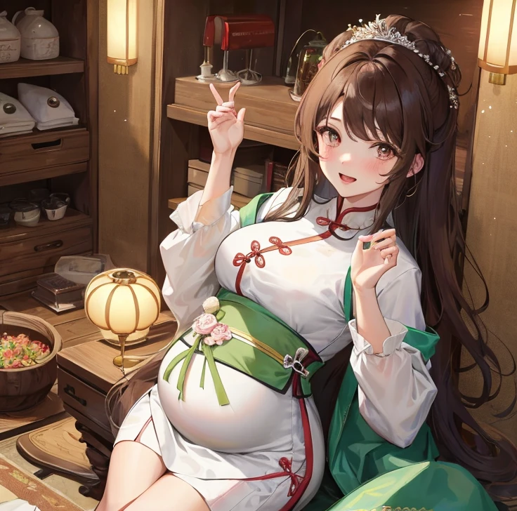 masterpiece, best quality, married woman， aldult, Chinese style, China, elder sister,  Smile, hairpin，brown hair, Princess，Full of motherhood，China传统服饰，purely，blush，Dignified yet lively，Mother，Hands on the stomach，Mature，Pregnant，Beautifully，pregnancy，wife