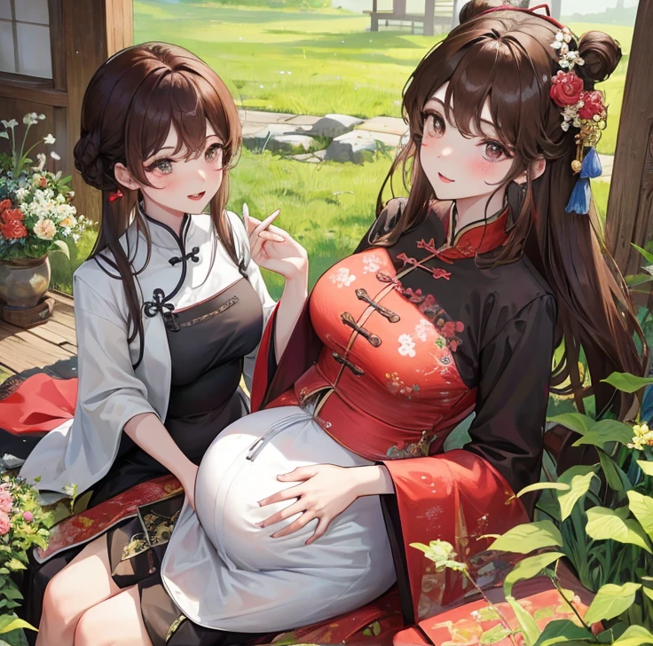 masterpiece, best quality, married woman, aldult, Chinese style, China, elder sister, Smile, hairpin,brown hair, Princess,Full of motherhood,China传统服饰,purely,blush,Dignified yet lively,Mother,put your hands on your belly,Mature,pregnant,beautifully,怀pregnant,wife