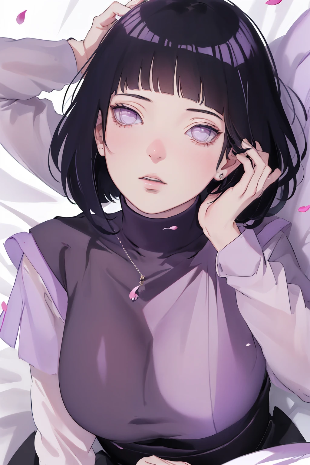 { - anatomy error} (Masterpiece - Ultra-detailed, very high resolution) (huge titusty, masterpiece, absurdres, hinata\(boruto\), 1girl, solo,mature female, lilac turtleneck blouse, high waist black short skirt, looking at viewelling petals), perfect composition, detailed lips, big breast, beautiful face, body propotion, blush, (pink lips), short hair, (black hair), purple eyes, soft gaze, super realistic, detailed, photoshoot, realistic face and body, closed mouth, laying on the bed , lilac eyes, full body,  with chin resting on shoulder, perfect fingers