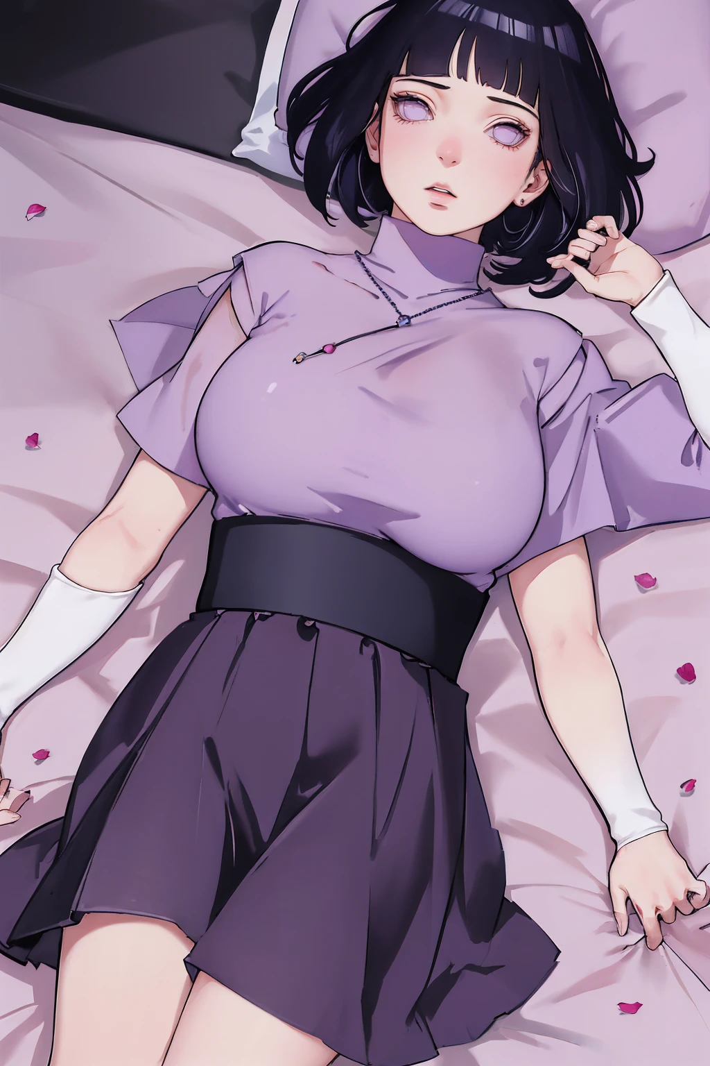 { - anatomy error} (Masterpiece - Ultra-detailed, very high resolution) (huge titusty, masterpiece, absurdres, hinata\(boruto\), 1girl, solo,mature female, lilac turtleneck blouse, high waist black short skirt, looking at viewelling petals), perfect composition, detailed lips, big breast, beautiful face, body propotion, blush, (pink lips), short hair, (black hair), purple eyes, soft gaze, super realistic, detailed, photoshoot, realistic face and body, closed mouth, laying on the bed , lilac eyes, full body,  with chin resting on shoulder, perfect fingers