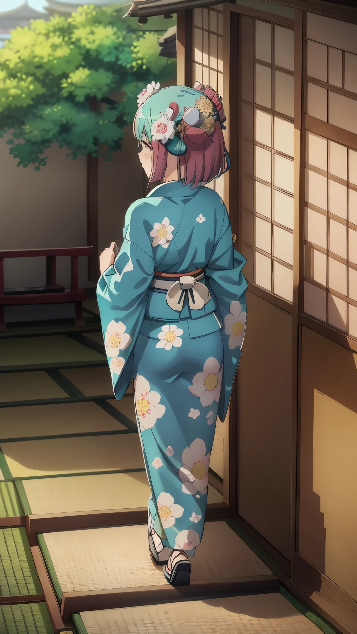 1girl, solo, from above, (white lily flowers), aesthetic, intricate, best quality, detailed background, Sayaka Miki, ((girl wearing a patterned teal kimono:1.2)), (walking in zen garden), casual pose, detailed textures, posing, floral print, hair flower, hair ornament, japanese clothes, kimono, obi, outdoors, pagoda, petals, (teal kimono), sash, shrine, sky, stone stairs, torii, wide sleeves, yukata