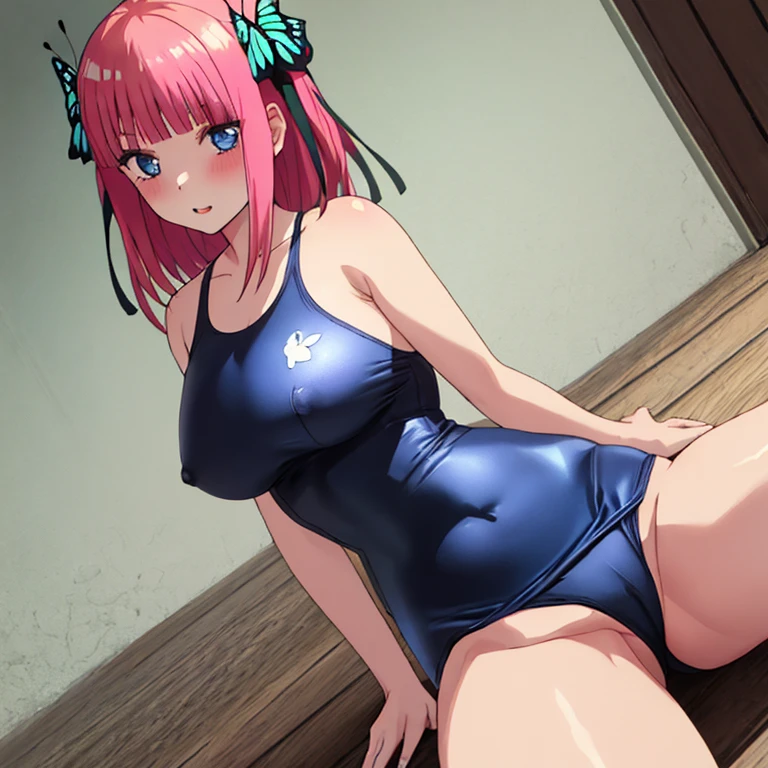 masterpiece, best quality, ultra detailed, best illustration, nsfw, 1girl, one-piece swimsuit, nakano nino, bangs, pink_hair, blunt_bangs, butterfly hair ornament, blue eyes