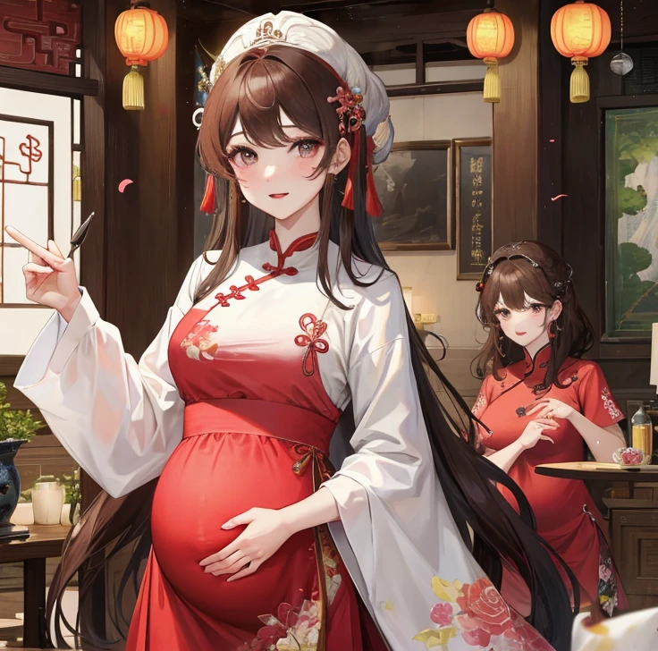 masterpiece, best quality, married woman, aldult, Chinese style, China, elder sister, Smile, hairpin,brown hair, Princess,Full of motherhood,China传统服饰,purely,blush,Dignified yet lively,Mother,put your hands on your belly,Mature,pregnant,beautifully,怀pregnant,wife