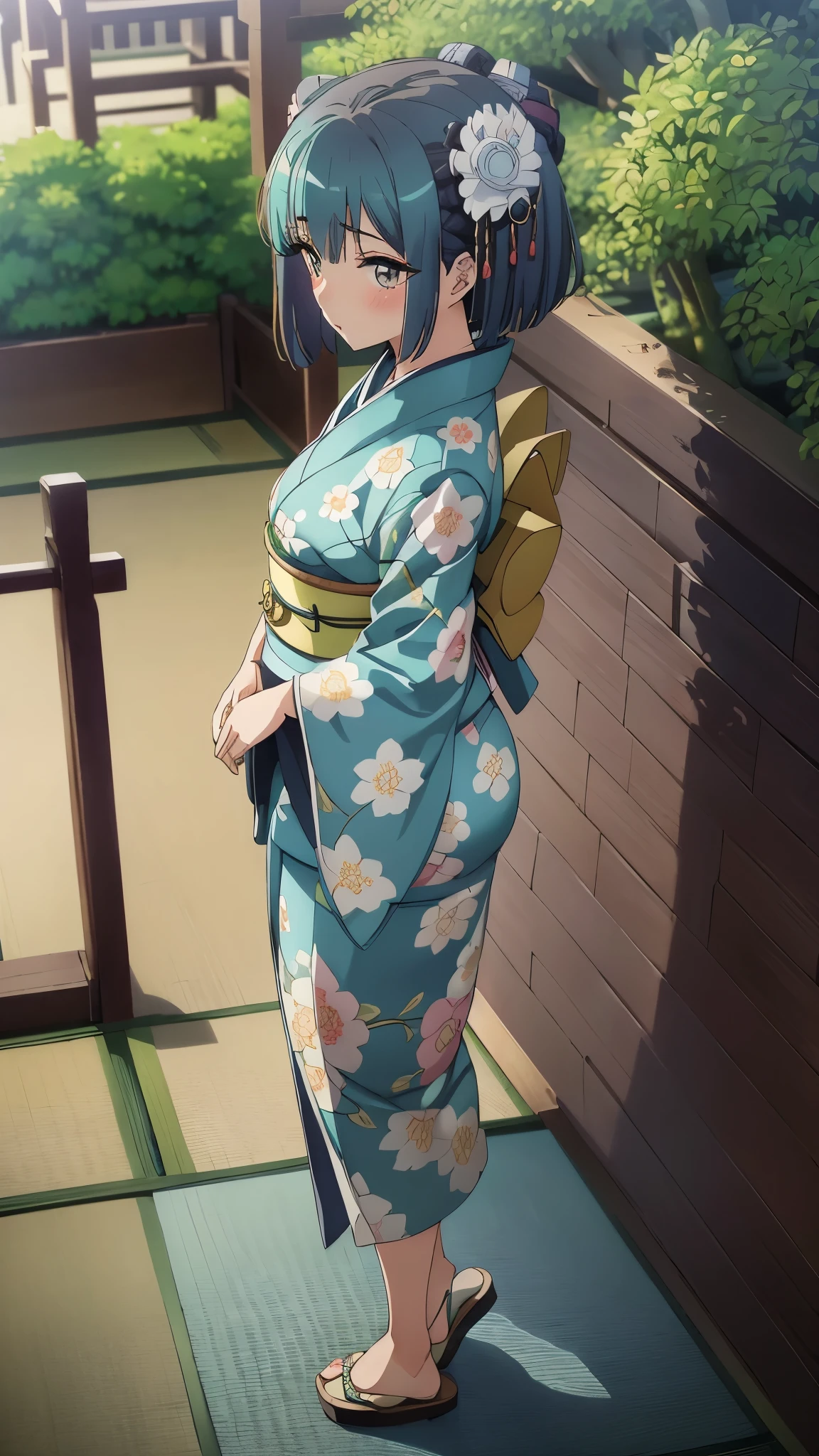 1girl, solo, from above, (white lily flowers), aesthetic, intricate, best quality, detailed background, Sayaka Miki, ((girl wearing a patterned teal kimono:1.2)), (walking in zen garden),  casual pose, detailed textures, posing, floral print, hair flower, hair ornament, japanese clothes, kimono, obi, outdoors, pagoda, petals, (teal kimono), sash, shrine, sky, stone stairs, torii, wide sleeves, yukata, front view