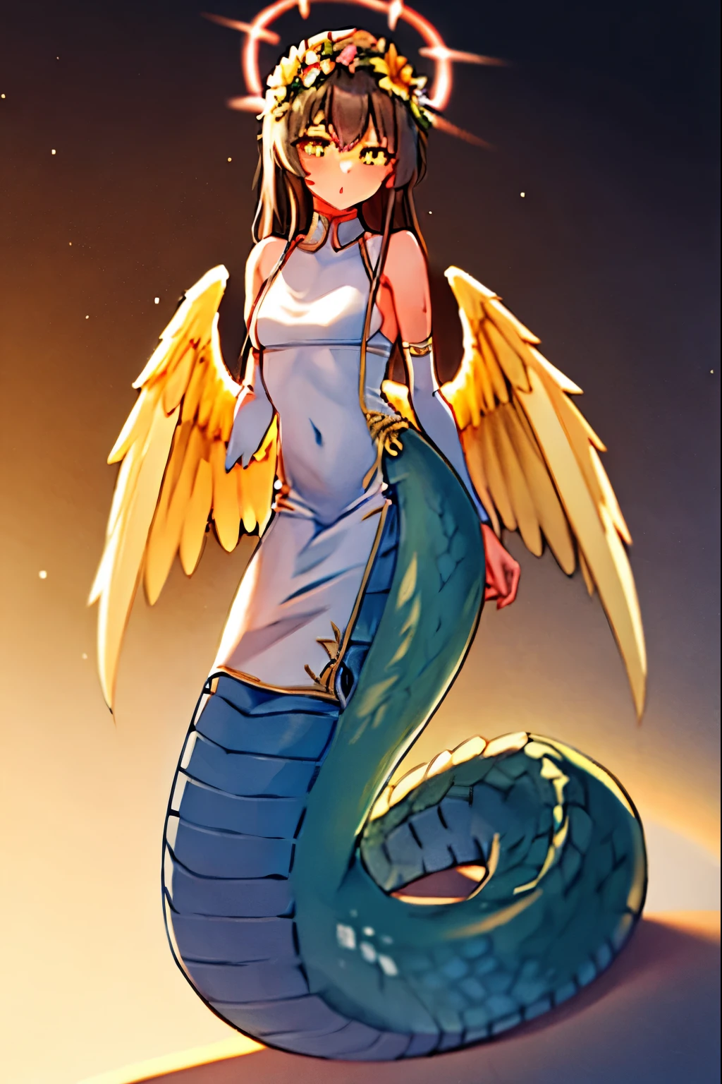 1girl, lamia, scales, [white shirt:0.8], [top-down bottom-up:0.5], full body, yellow lamia, yellow scales,Angel wings, Angel Halo, flower headdress,  attractive, figure, ultra-detailed, best quality, extreme detailed,  Original Character, Volumetric Lighting, Best Shadows, Shallow Depth of Field, Stunningly Beautiful Girl, Petite, Delicate Beautiful Attractive Face, hdr, [embarrassed:0.75], [dungeon:0.33], [sand:0.8]