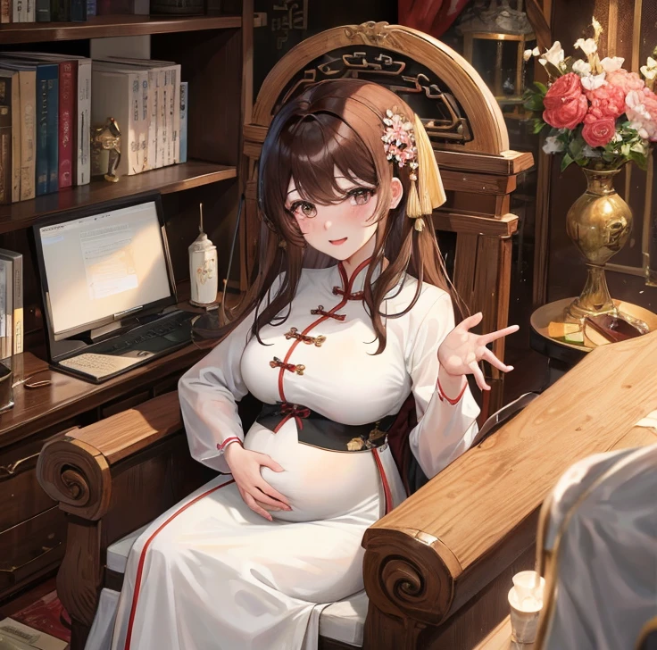 masterpiece, best quality, married woman， aldult, Chinese style, China, elder sister,  Smile, hairpin，brown hair, Princess，Full of motherhood，China传统服饰，purely，blush，Dignified yet lively，Mother，Put your hands on your belly，Mature，pregnant，beautifully，怀pregnant，wife，thick hair，good woman
