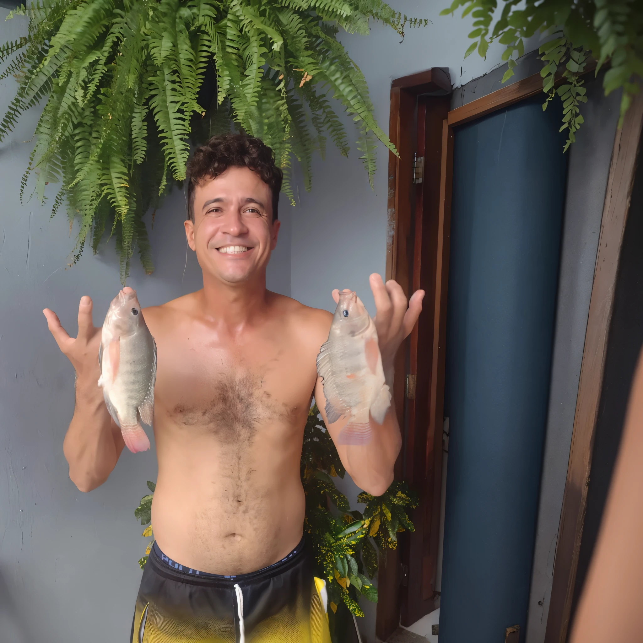 Homen forte,segurando 2 peixe 