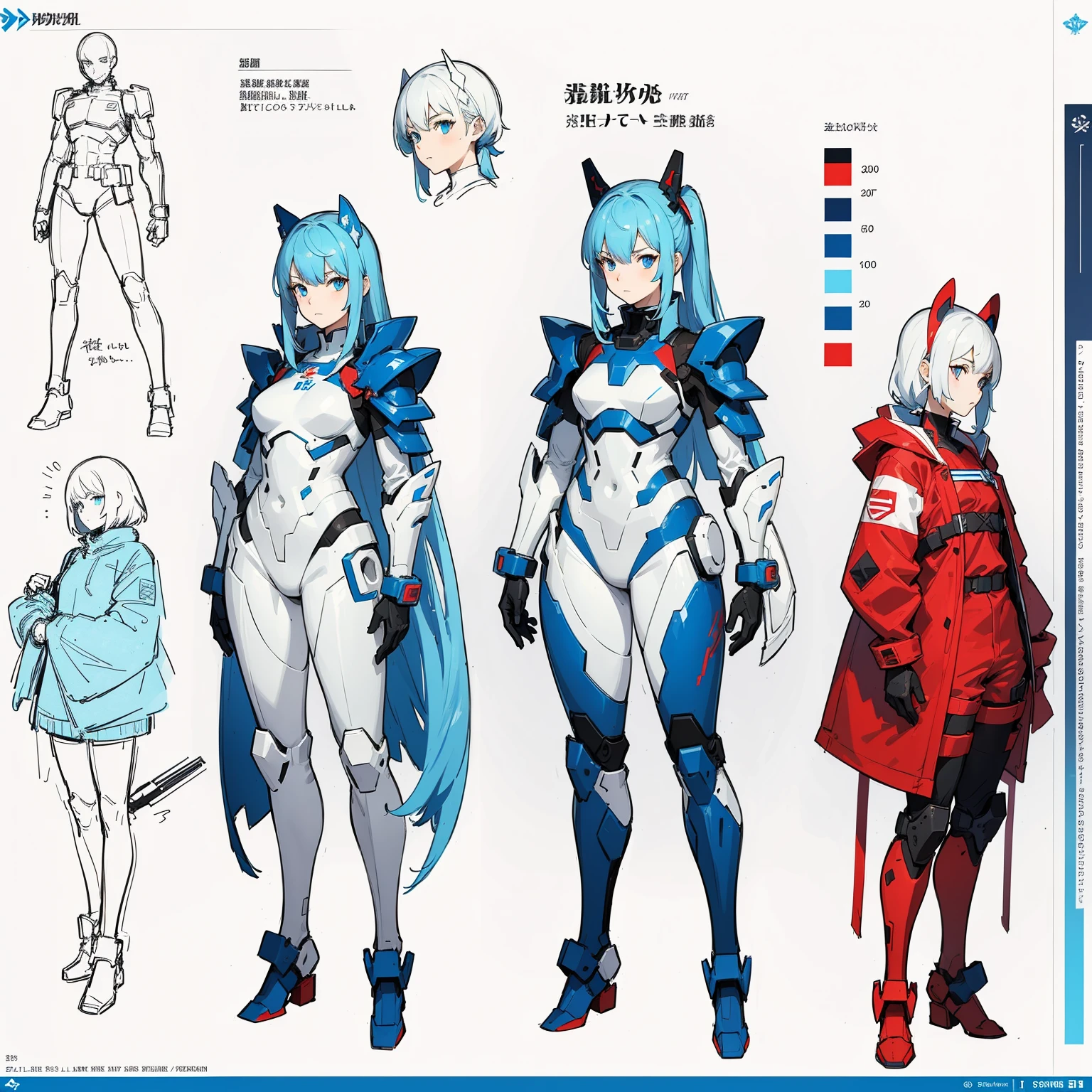 (((full body photo))), red blue and white color, femboy wearing a lightly armored jumpsuit, science fiction themes, chest armor, Gundam, best quality, official art, Sketch line diagram, blue eye, front view, view rear, and side view of the character, Long hair