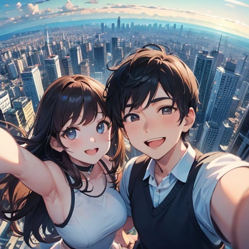Boy and Girl smiling , taking a selfie from the top, with a city background