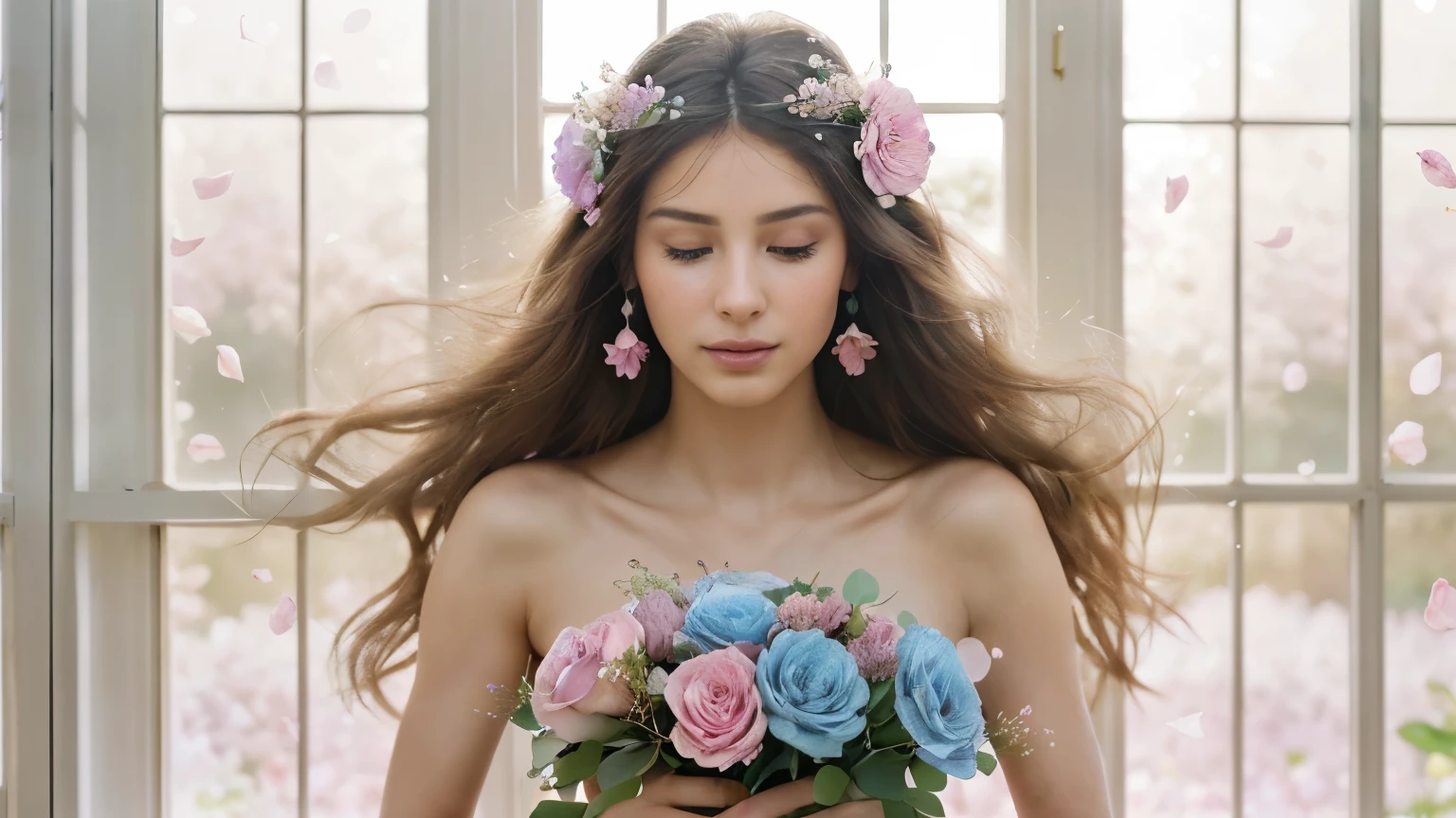 a stunning magazine model who embodies the beauty of a goddess. The composition highlights a vibrant bouquet of flowers. With a backdrop of soft gradients in shades of pink and blue, an ethereal atmosphere of serenity and joy is created. Sunlight radiates delicately through the window, bathing the flower petals in its warm luminosity, giving them an almost lifelike delicacy. This image not only shows the exquisite beauty of the floral arrangement, but also leaves enough space for text, making it versatile for use in various contexts. This setting, which includes the stunning magazine model, combines elegance and vitality, adding a touch of editorial appeal to the timeless charm of spring flowers.