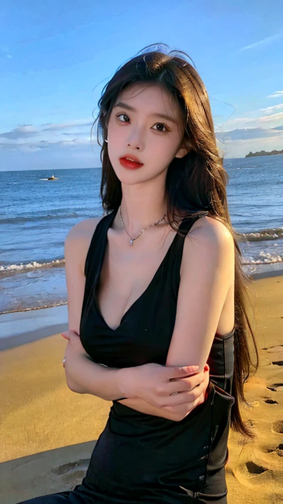 1girl,solo,long hair,breasts,dress,looking at viewer,beach,black dress,sitting,necklace,brown hair,cleavage,jewelry,lips,outdoors,water,parted lips,medium breasts,realistic,collarbone,black hair,sleeveless dress