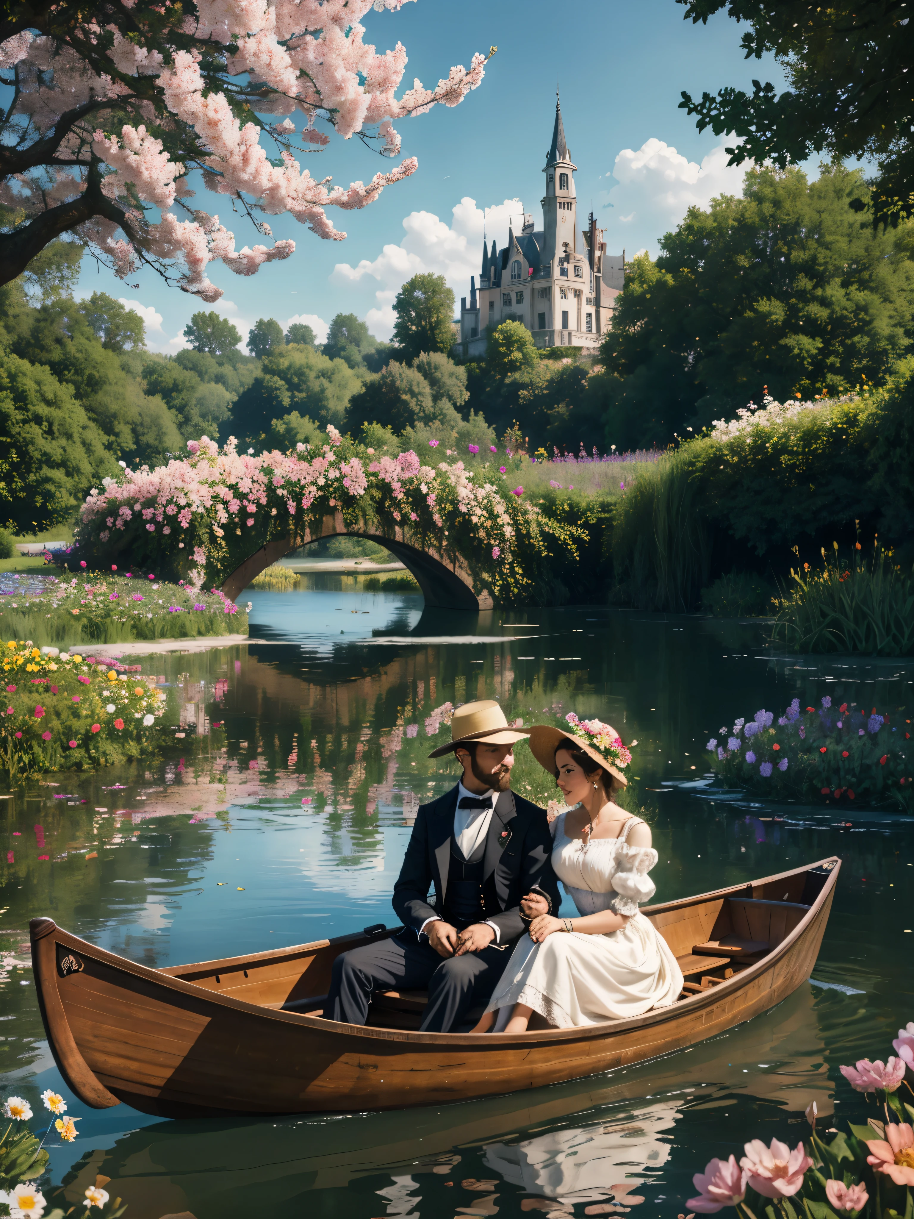 A couple in a canoe on the lake in a romantic, bucolic setting with a bridge in the background, with flower gardens around with many flowers and flowering trees like in Monet&#39;jardim. high resolution, hyper detalhado, realista, ROSTOS PERFEITOS, europeus. The woman is sitting in a long dress. The man is standing guiding the boat. The clothes are in the European style of the late 19th century. super intrincado. 4k.