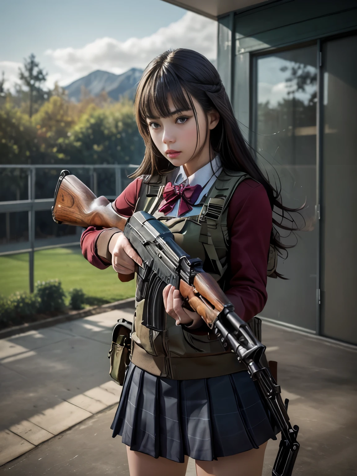 masterpiece, best quality, high resolution, extremely detailed CG,  1girl, school uniform, holding gun, ak-47, akm, assault rifle, kalashnikov rifle, (aiming:1.2), finger on trigger,