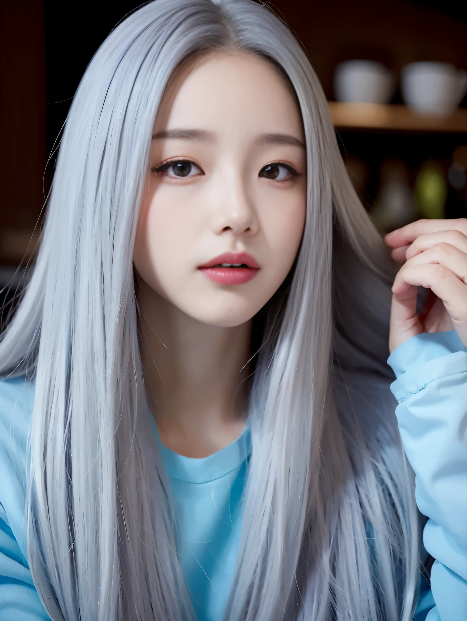 realistic, High resolution, 1 female, glowing skin, alone, wide lips,long hair,straight hair,saggy breasts,small face,Gray color hair,Color Contacts,Down jacket,Cafe,,Distant angle,,K-pop Idol